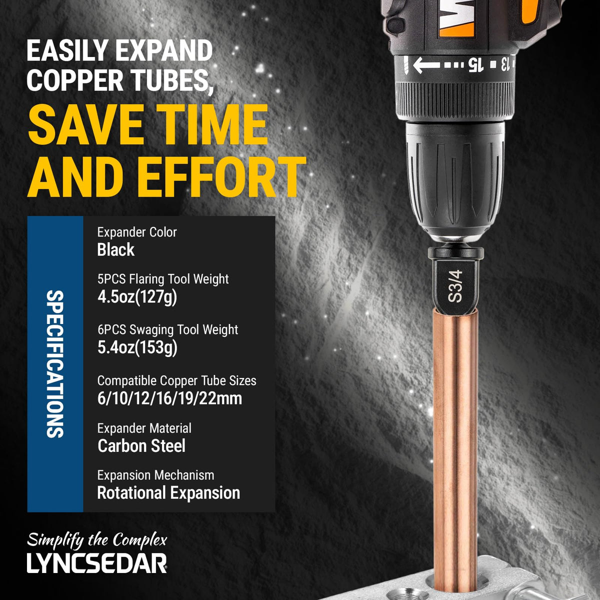 LYNCSEDAR hex shank demo inserted in drill chuck for quick compatibility advantage