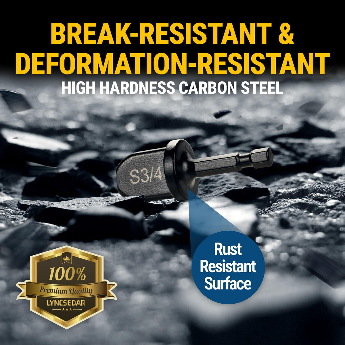 LYNCSEDAR material finish macro showing rust-resistant treated carbon steel for durability