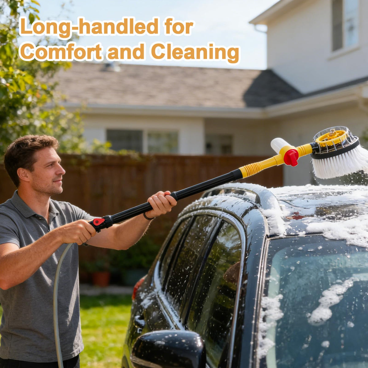 LYOKELC extended handle in use cleaning an SUV roof to reduce bending