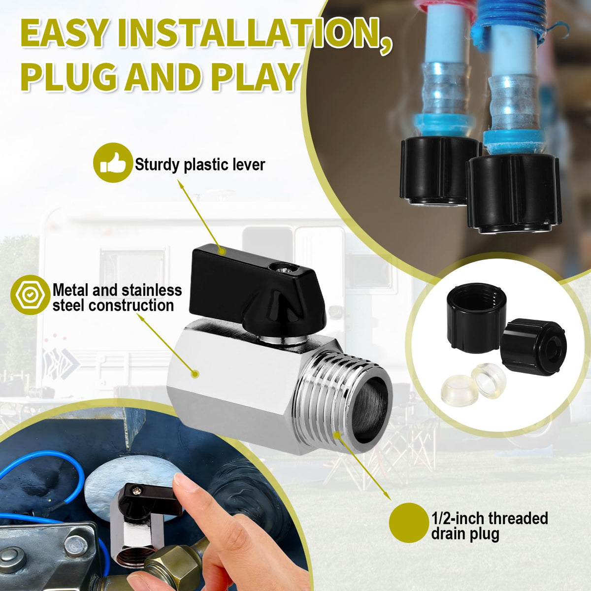Lyreh drain plugs installed on an RV low-point port demonstrating secure fit