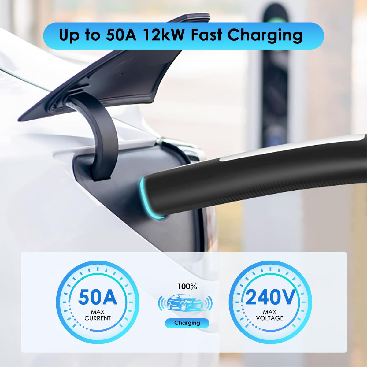 LZSTEC cable plugged into Tesla at home demonstrating extended reach and convenient charging