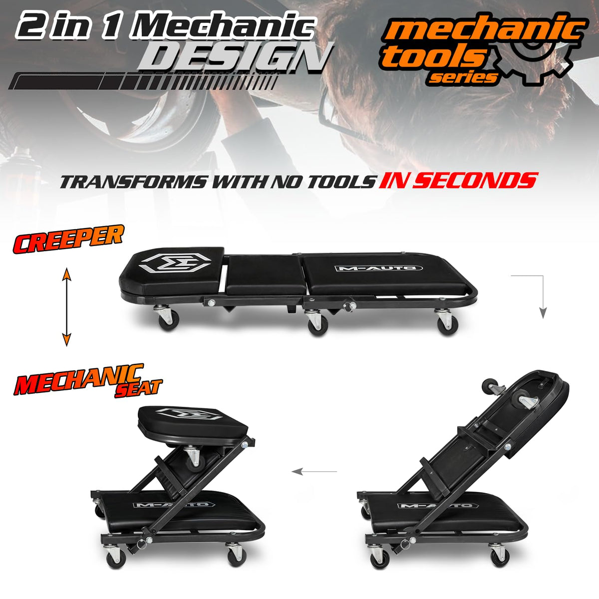 M-AUTO folded creeper in seat mode showing conversion convenience