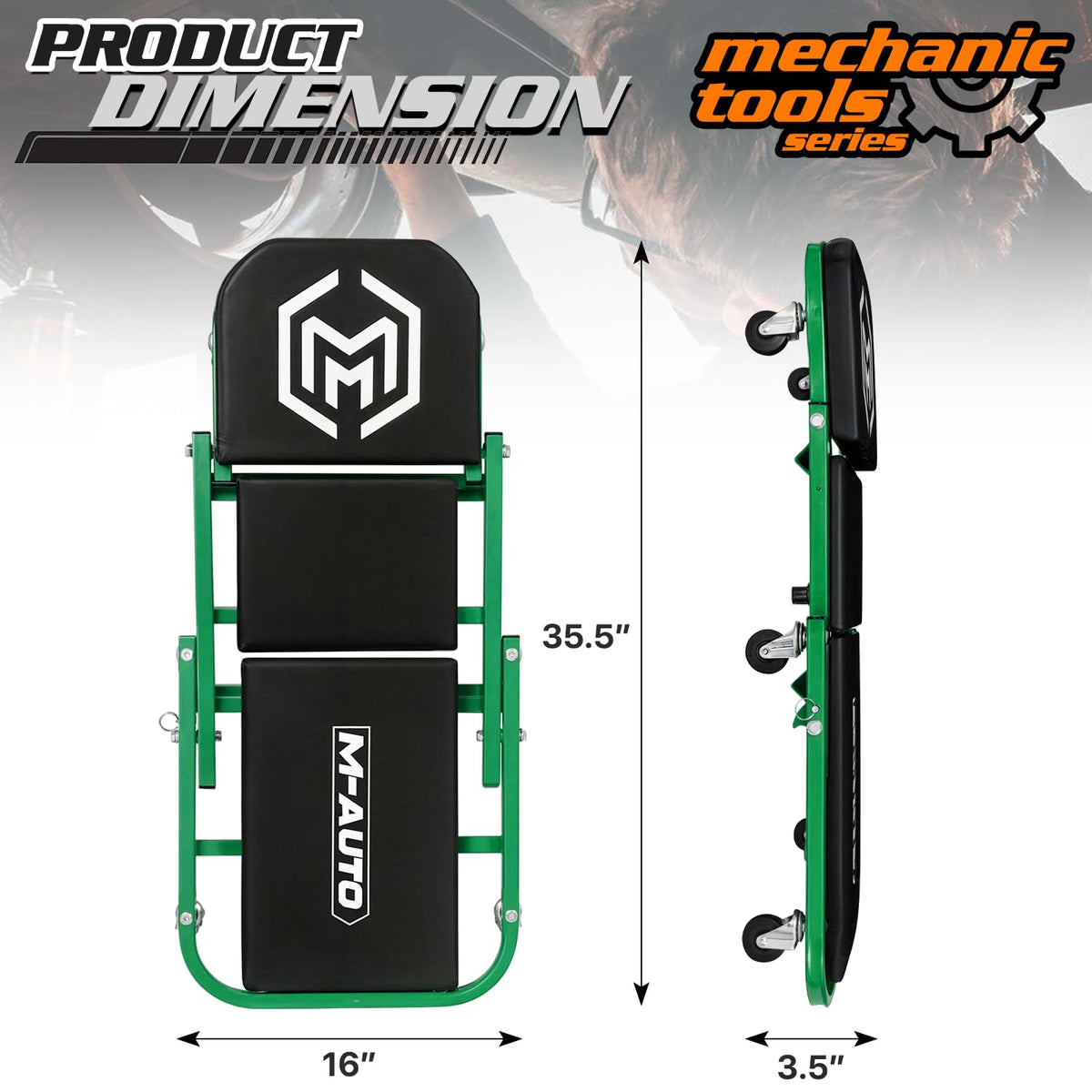 M-AUTO folded creeper as seat demonstrating compact storage and convenience