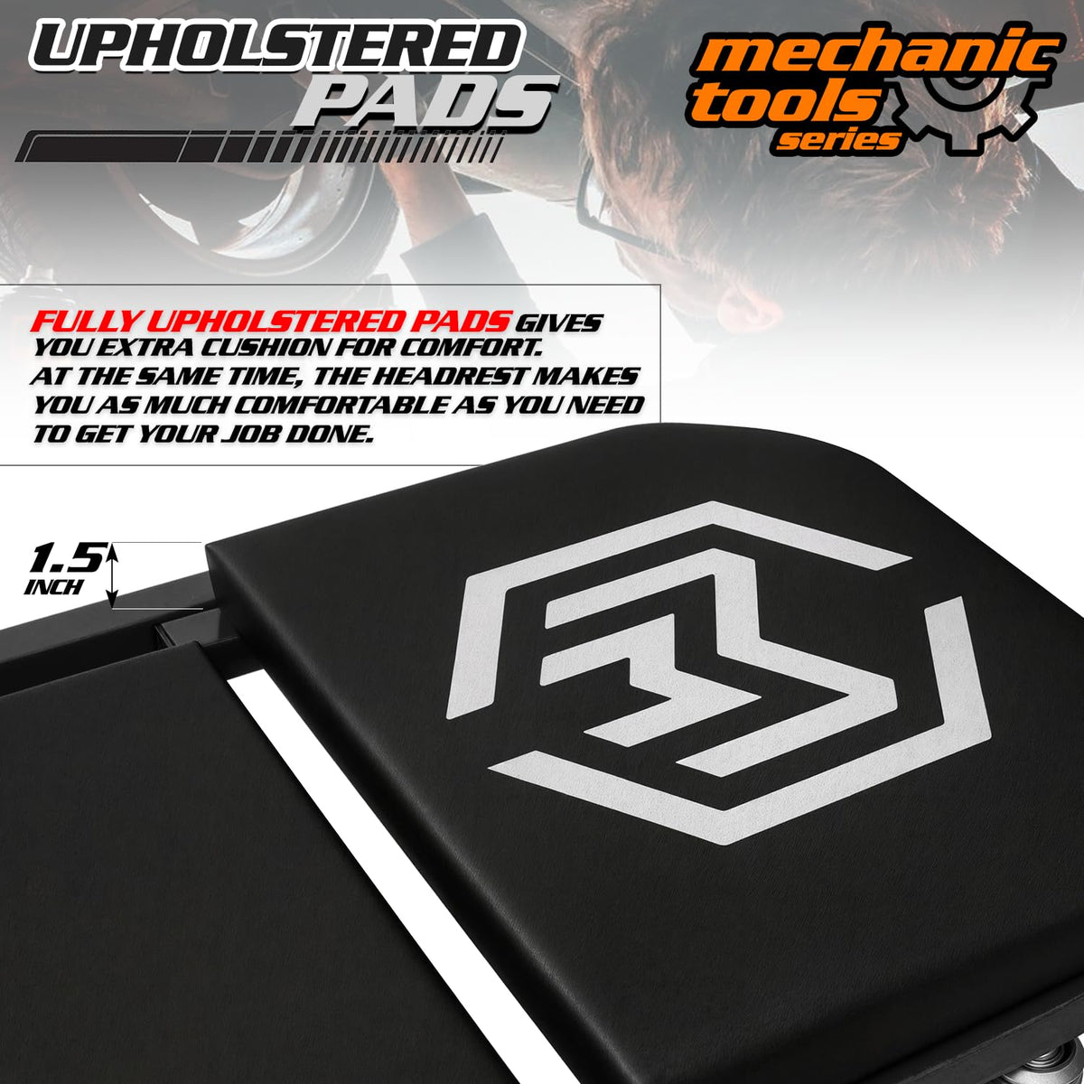 M-AUTO creeper stored under shelf showing compact storage benefit