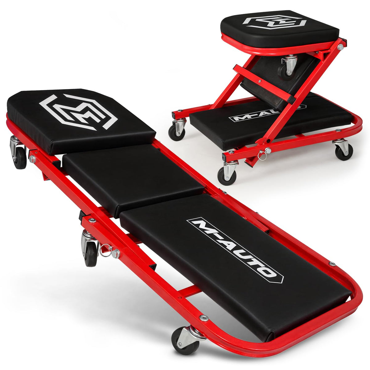 M-AUTO front view of folded creeper showing compact storage and quick access