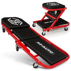 M-AUTO front view of folded creeper showing compact storage and quick access