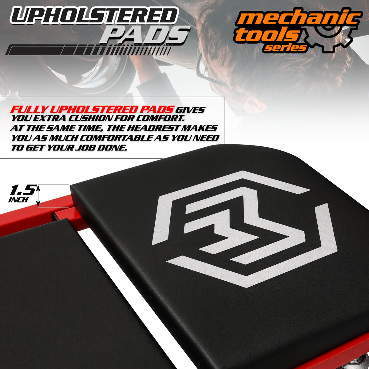 M-AUTO mechanic seated on creeper working on brake components with ease