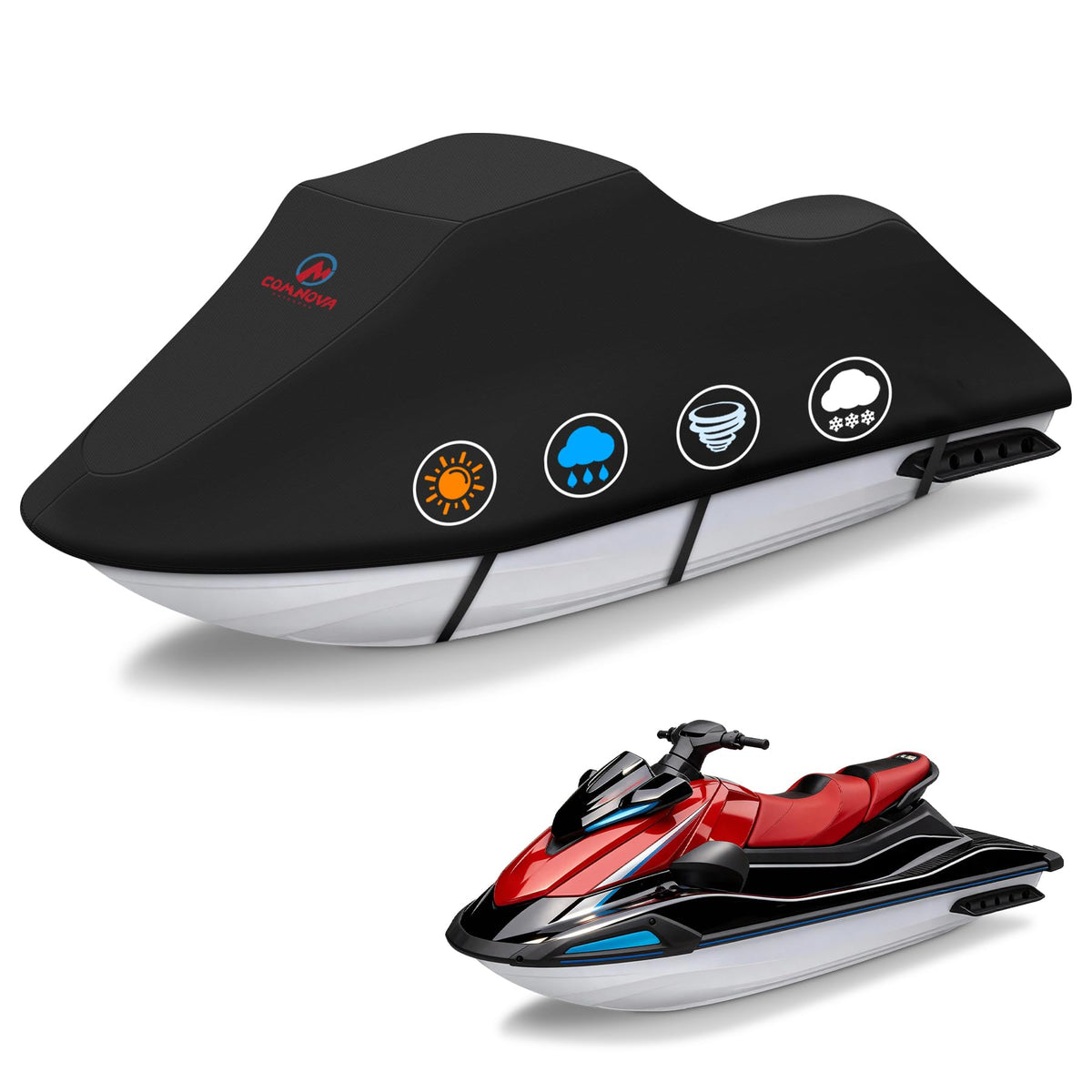 M COMNOVA OUTDOORS front view of covered jet ski showing full protection