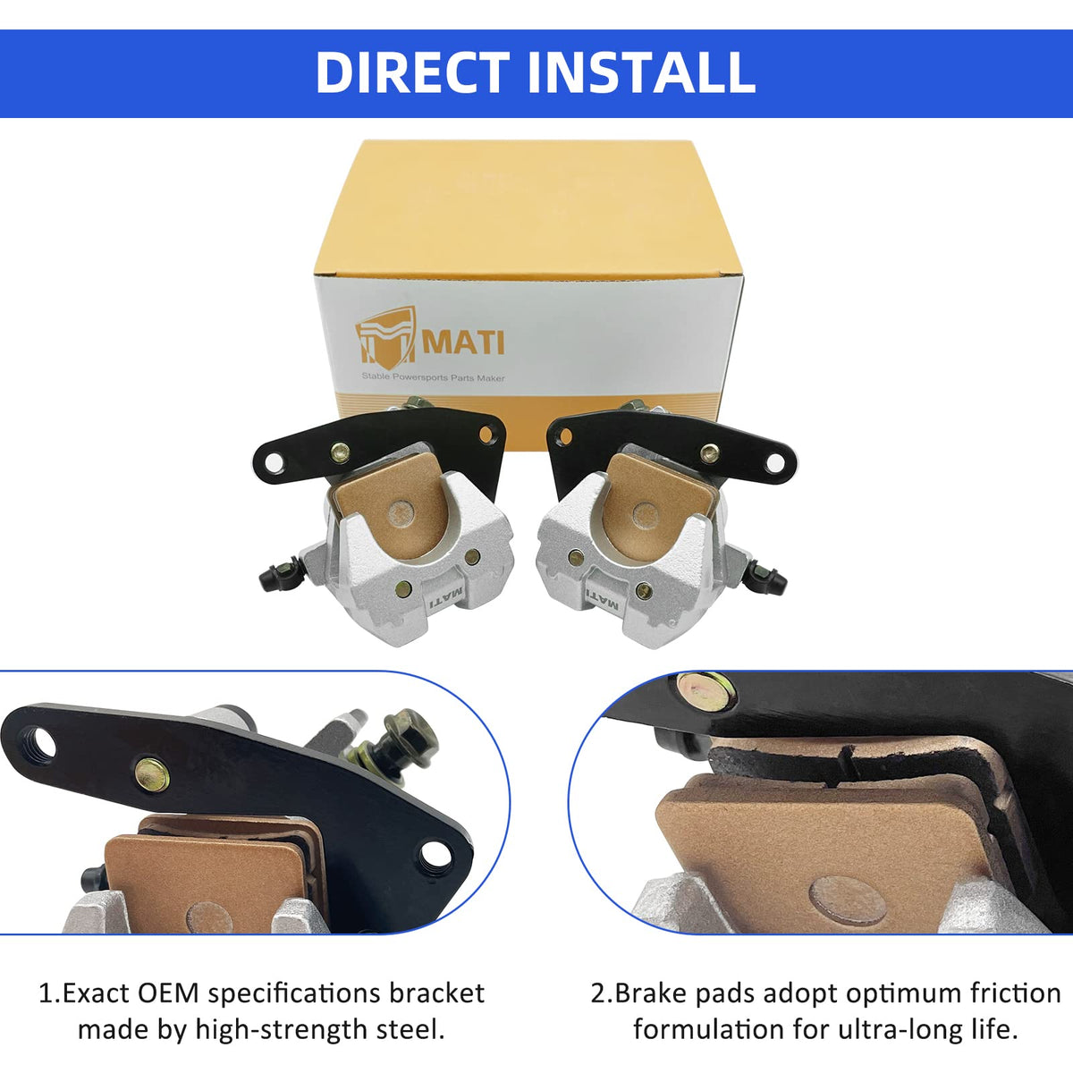 M MATI brake pads installed in caliper close-up, highlighting pad fit and immediate stopping benefit
