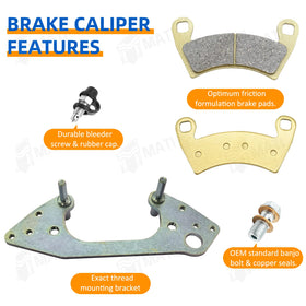 M MATI caliper with brake pads, banjos and bleeders laid out for quick install