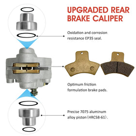 M MATI caliper mounted on an ATV rear wheel demonstrating fitment benefit