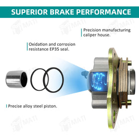 M MATI caliper brake pad detail illustrating pad fit and serviceability benefit