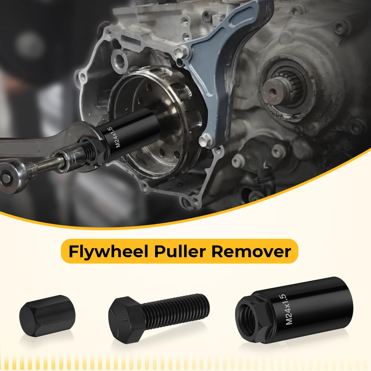 M MATI flywheel puller installed on a crank demonstrating safe removal