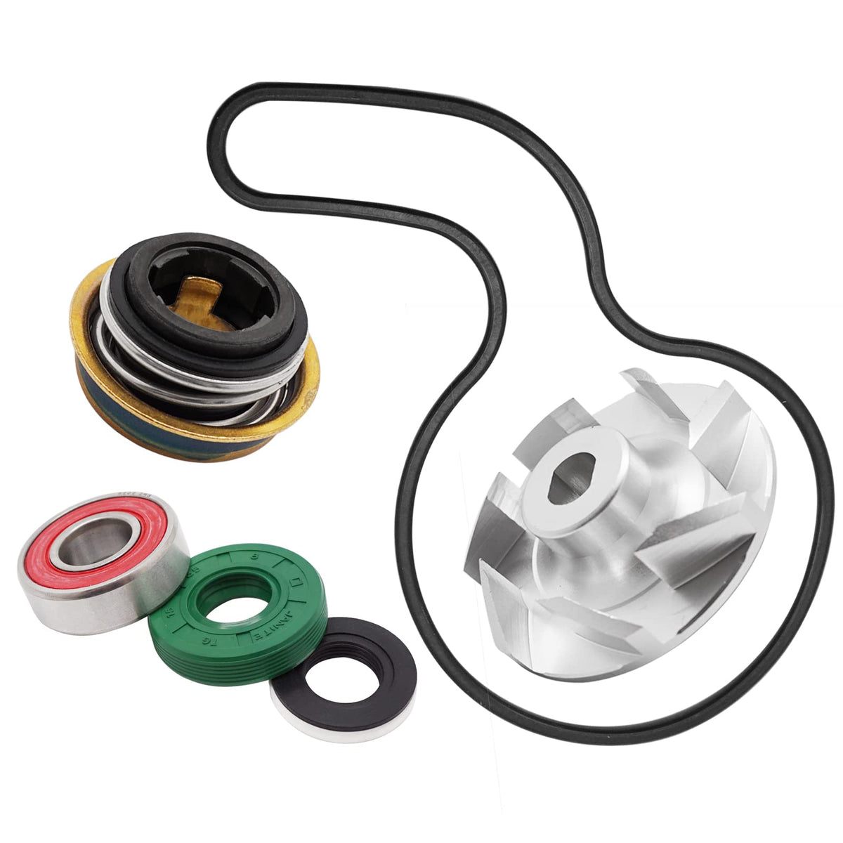 M MATI front packaging showing complete water pump rebuild kit and parts benefit