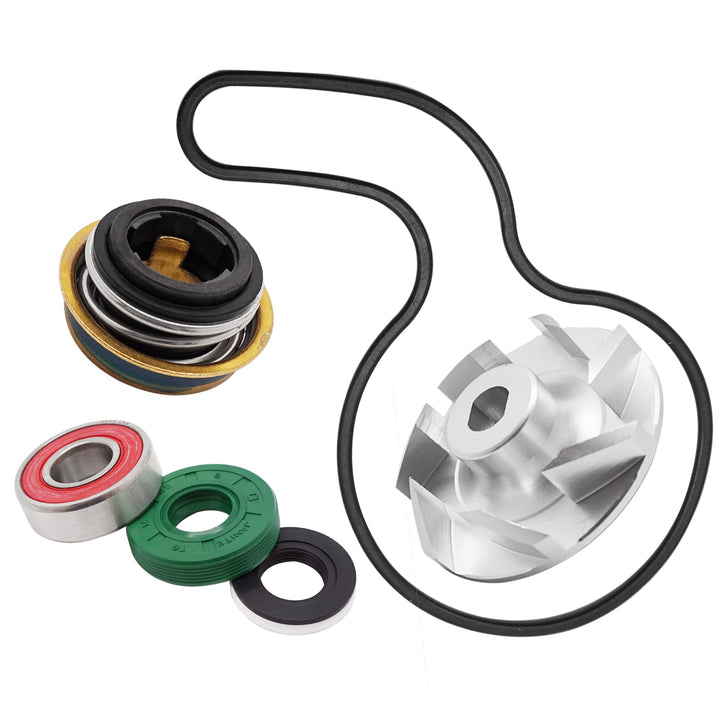 M MATI front packaging showing complete water pump rebuild kit and parts benefit