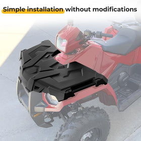 M MATI front rack loaded with a cargo box illustrating organized storage on trails