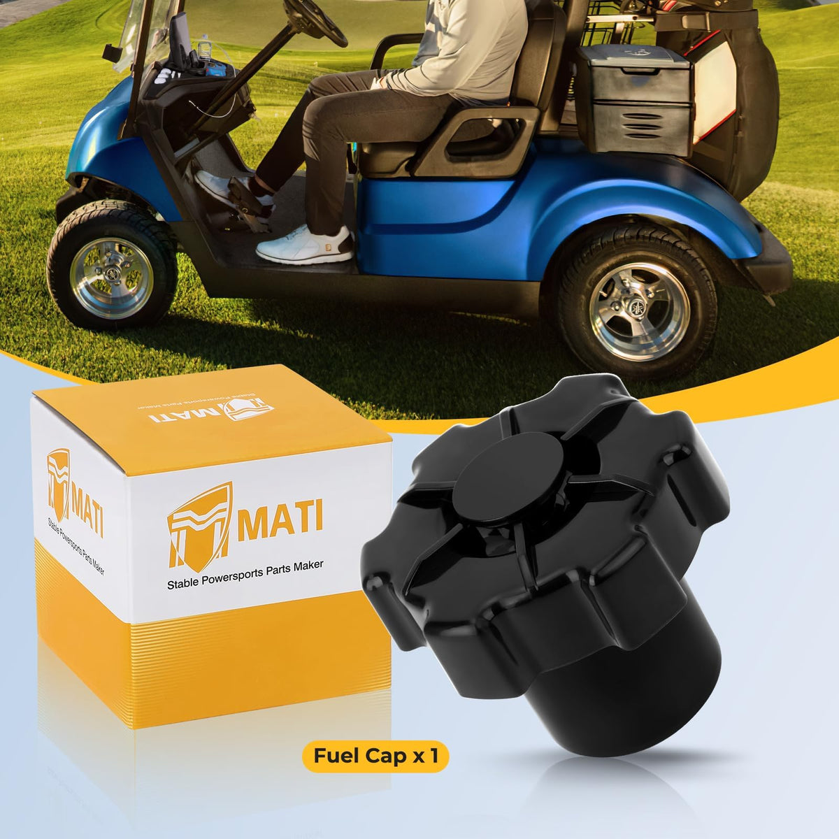 M MATI fuel cap on a parked cart at course showing reliable protection