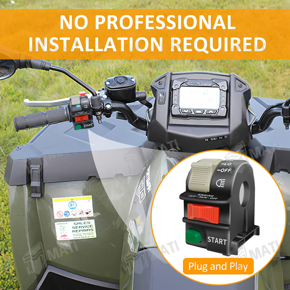 M MATI switch on a Polaris Outlaw ATV in use showing restored start and headlight function