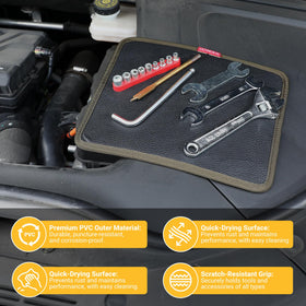 M-ROMLOO garage lifestyle image with mechanic using mat on a workbench to speed repairs