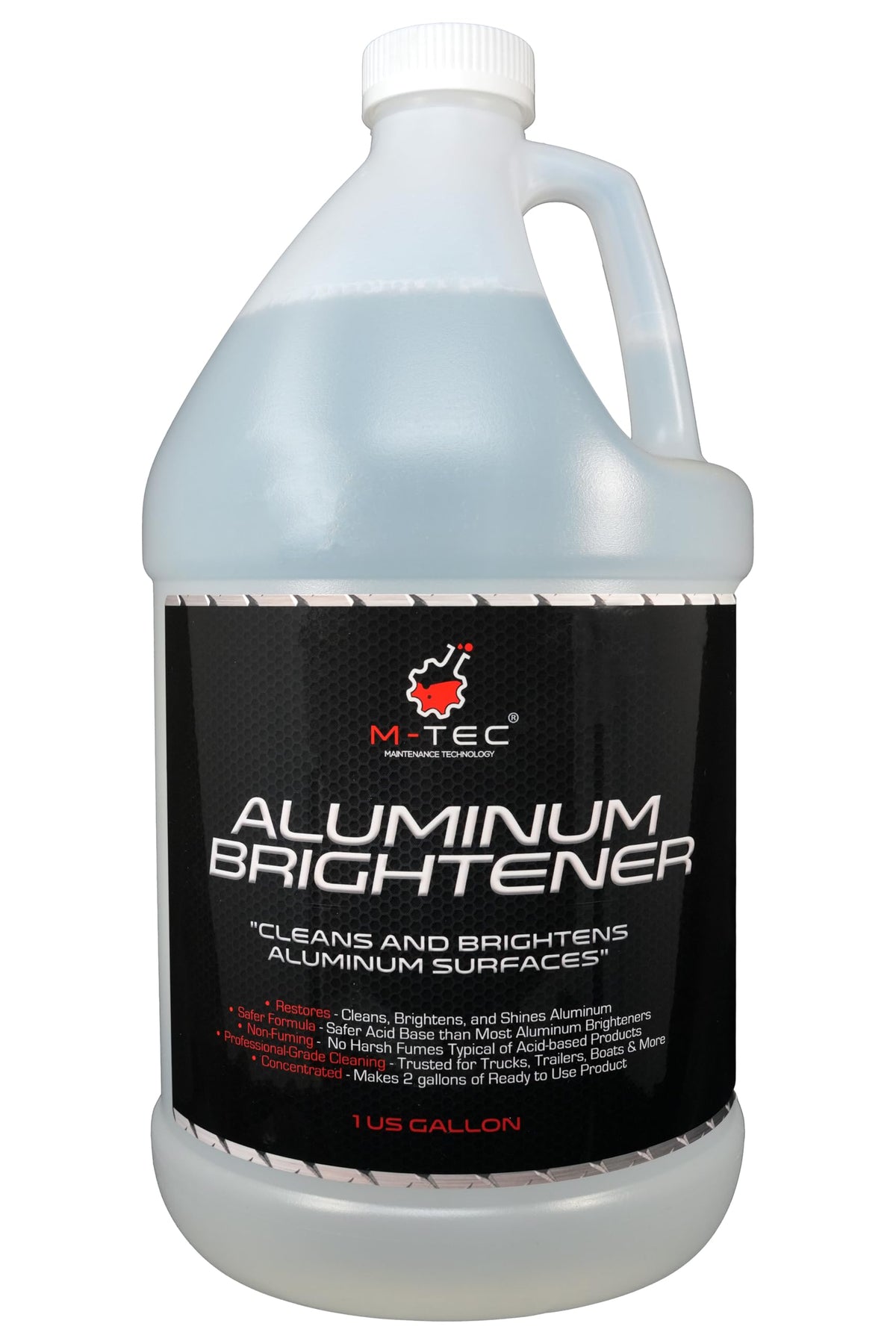 M-Tec front gallon label showing product name and usage benefits