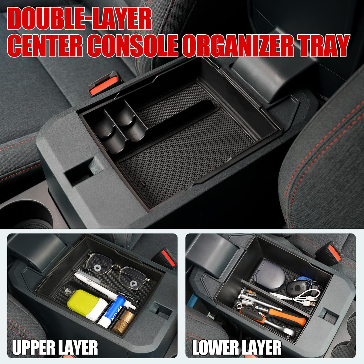 Mabett cup holder organizer detail showing secure beverage and small-item benefit
