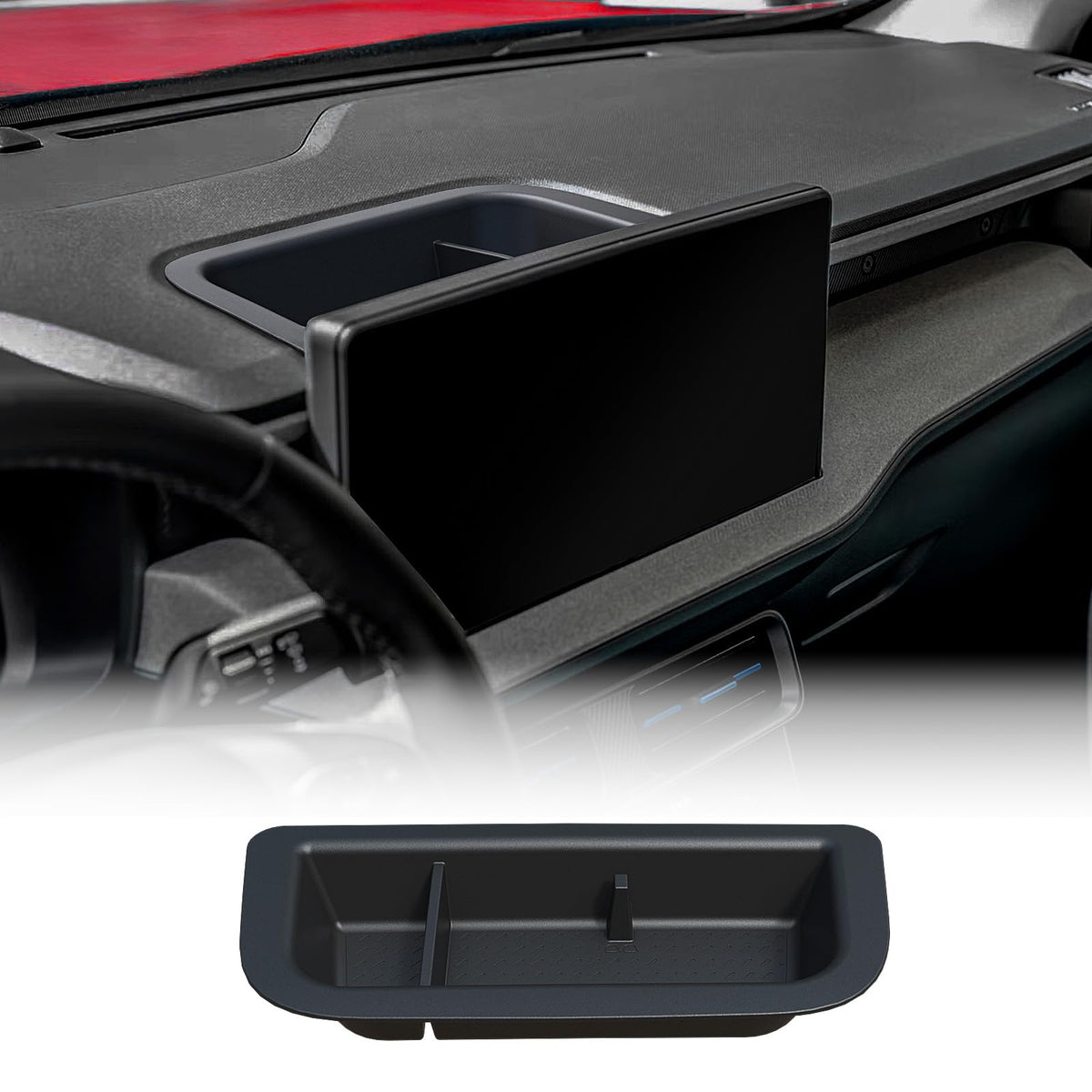 Mabett front view of dashboard tray showing precise dashboard fit and storage benefit
