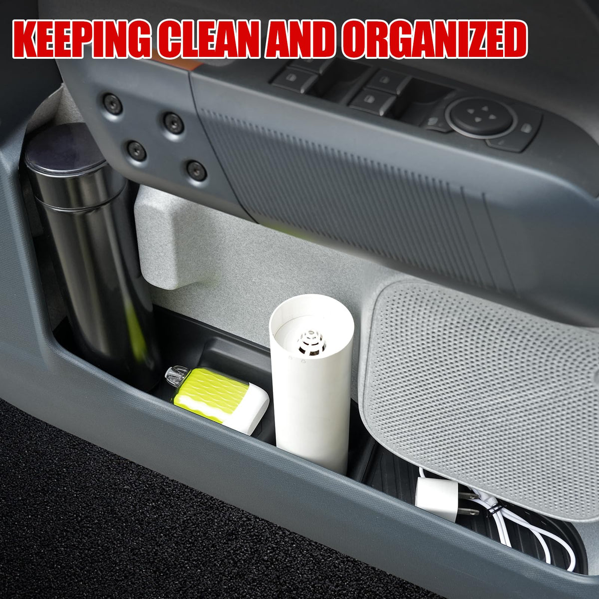Mabett in-car lifestyle commute scene showing tidy door pockets