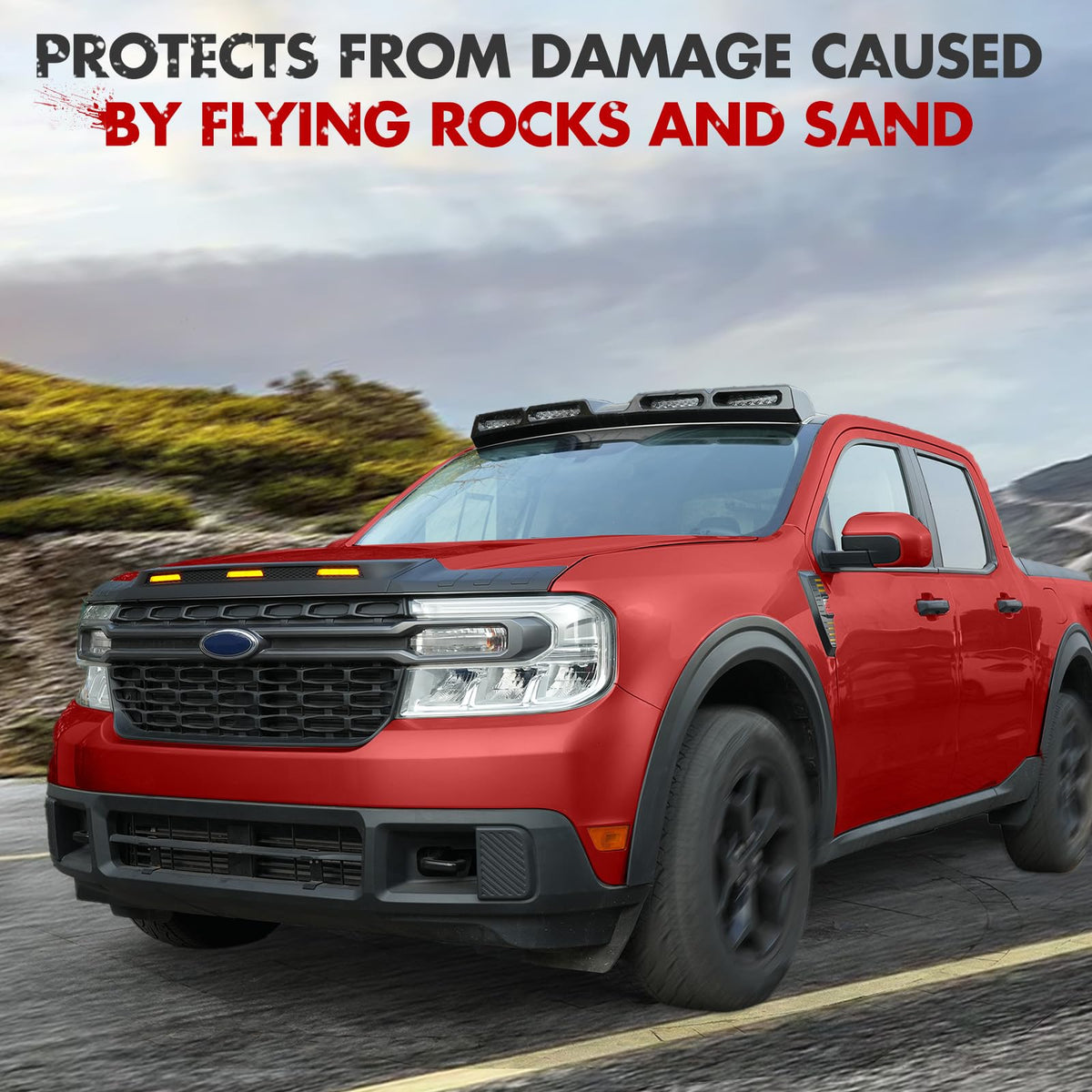 Mabett deflector protecting Maverick on gravel highway for safety