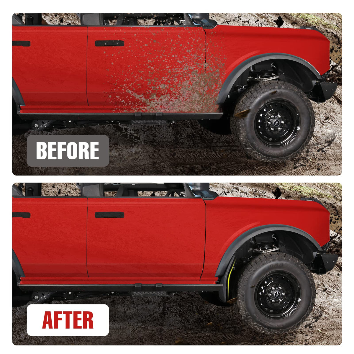 Mabett mud flap installed front view protecting Bronco bodywork