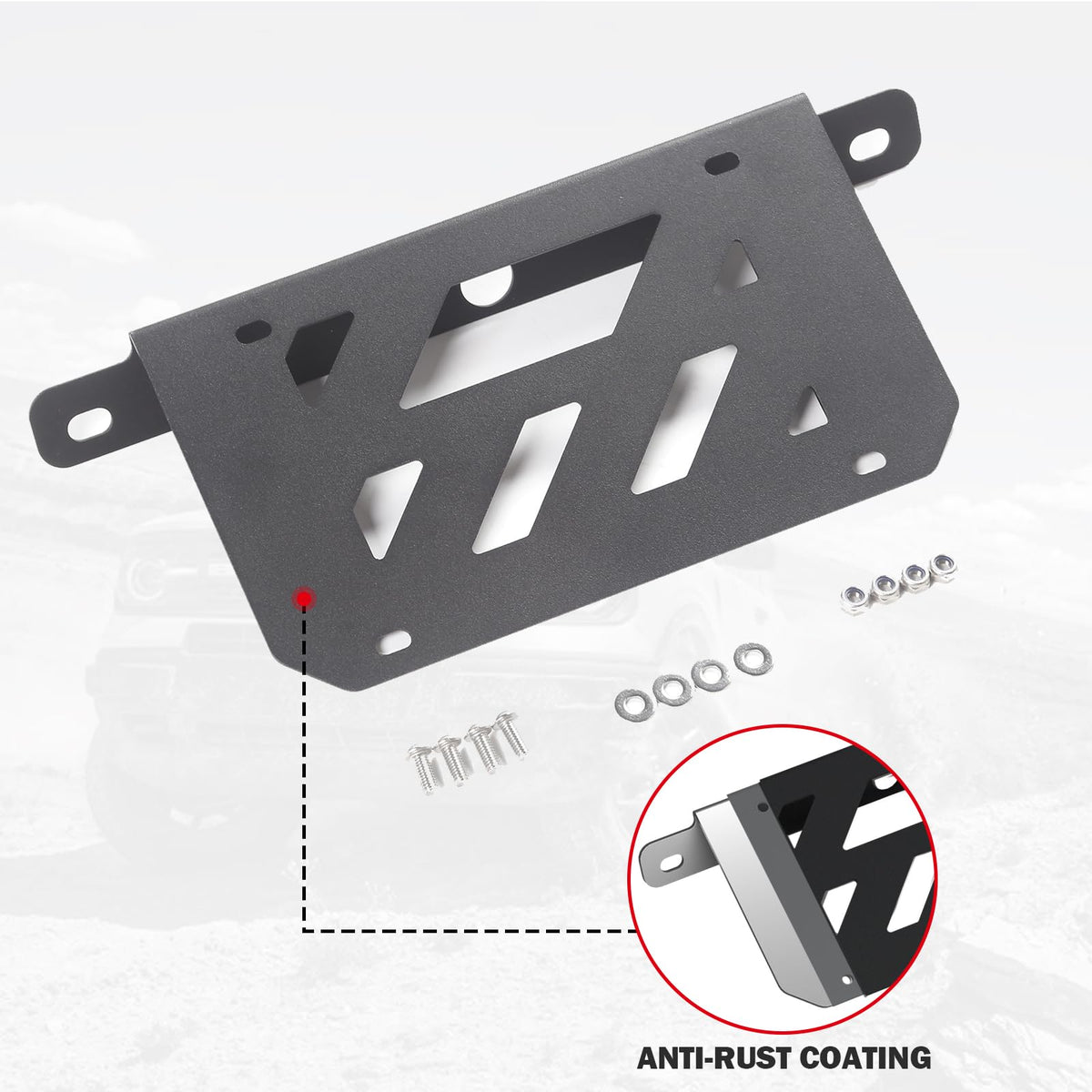 Mabett lifestyle shot on off-road Bronco showing durable bracket protecting plate