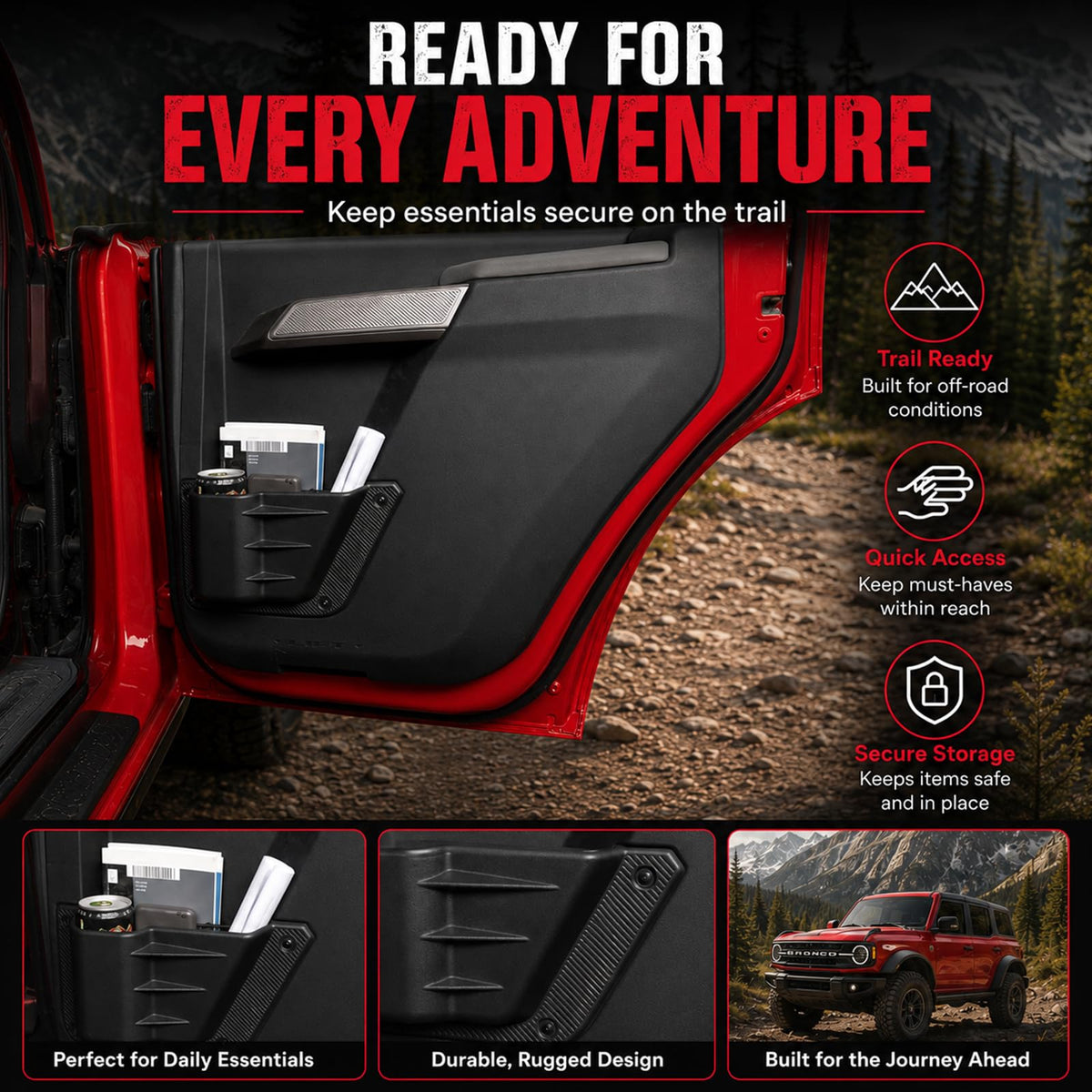 Mabett pocket in Bronco during road trip showing convenient access