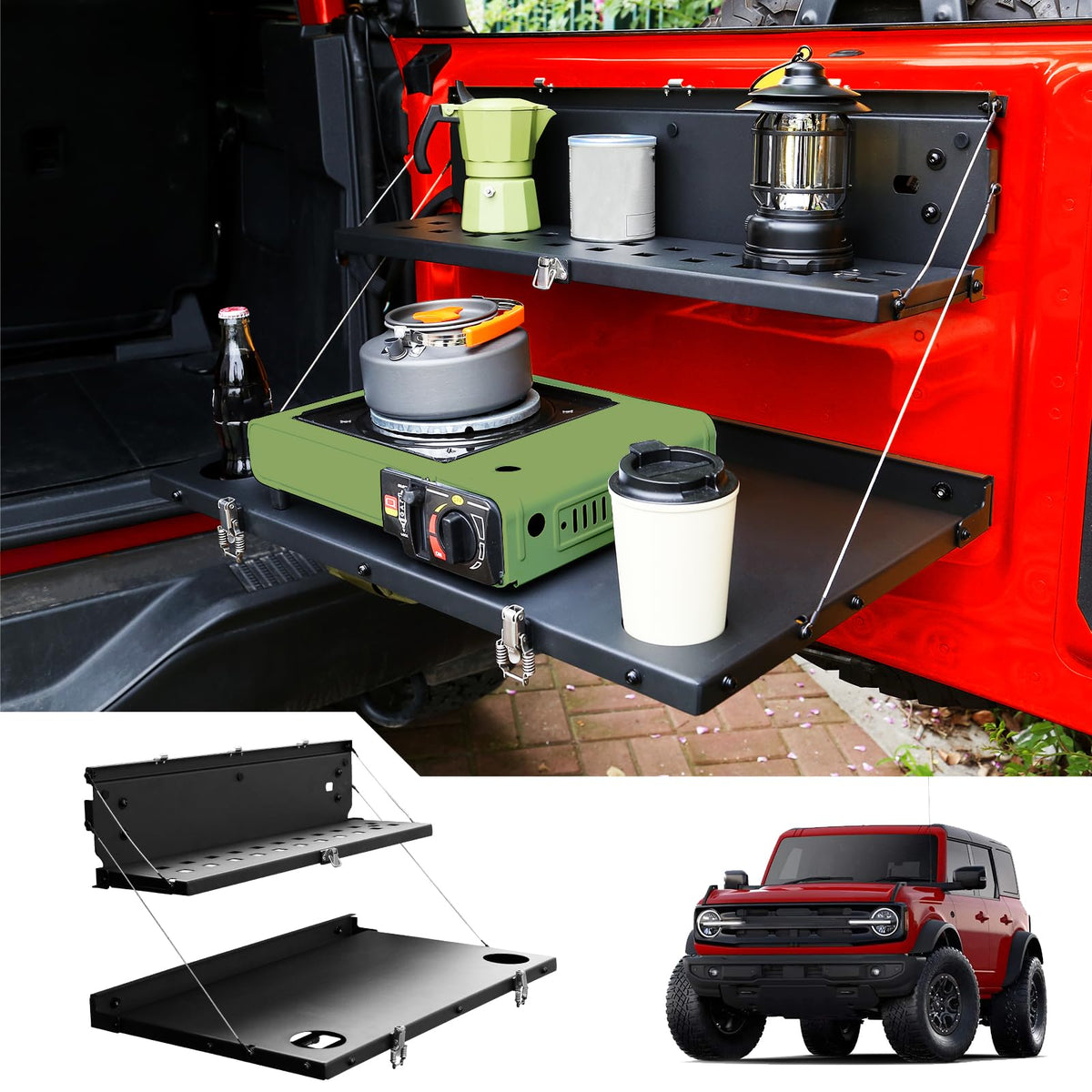 Mabett tailgate table front view showing fitment and benefit of easy access