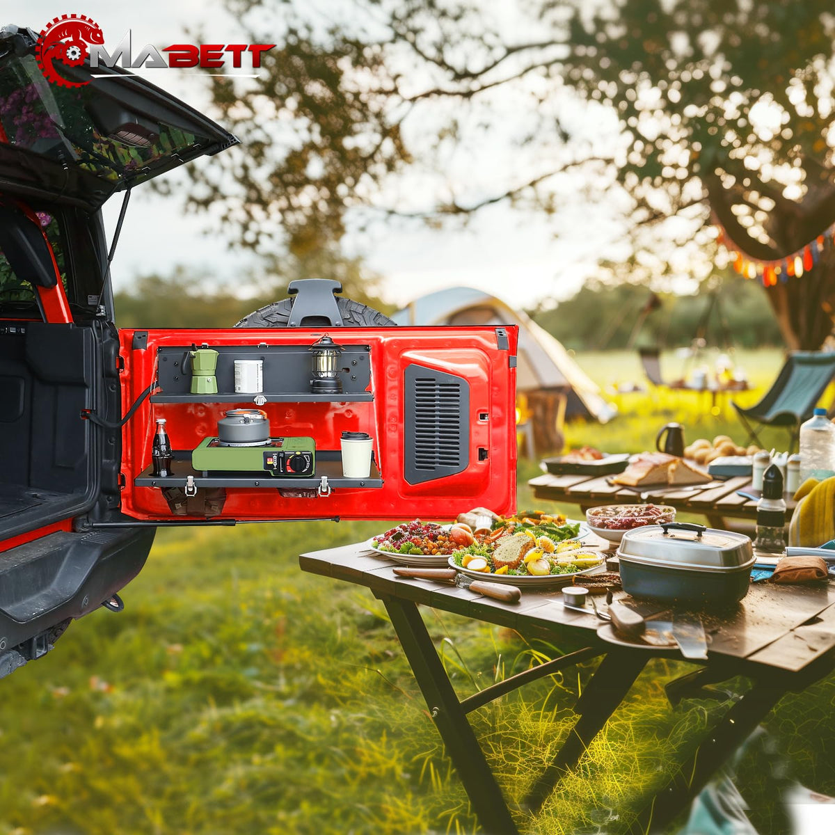 Mabett tailgate table in campsite scene enabling meal prep and gear staging