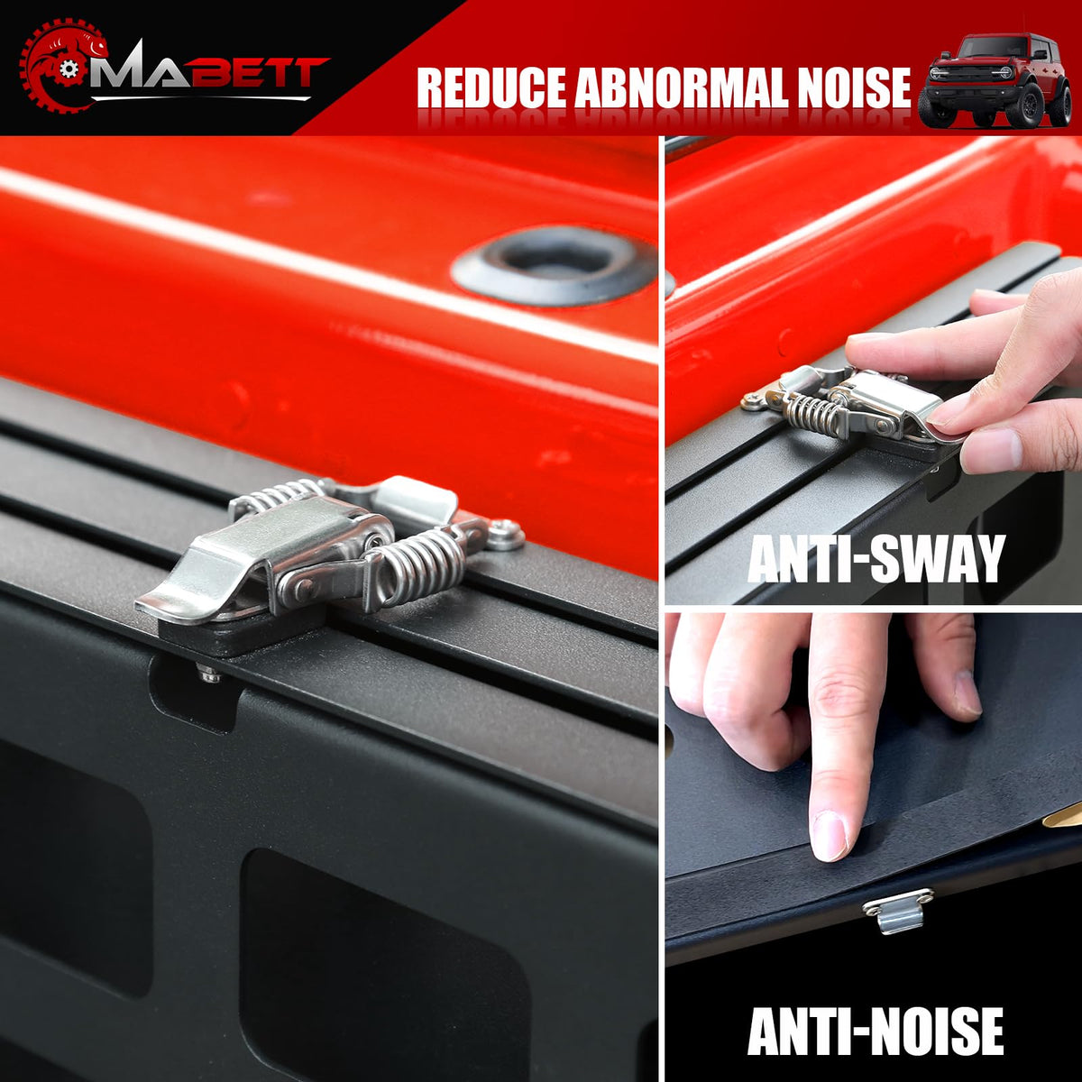 Mabett spring lock detail highlighting anti-sway stability and quiet travel