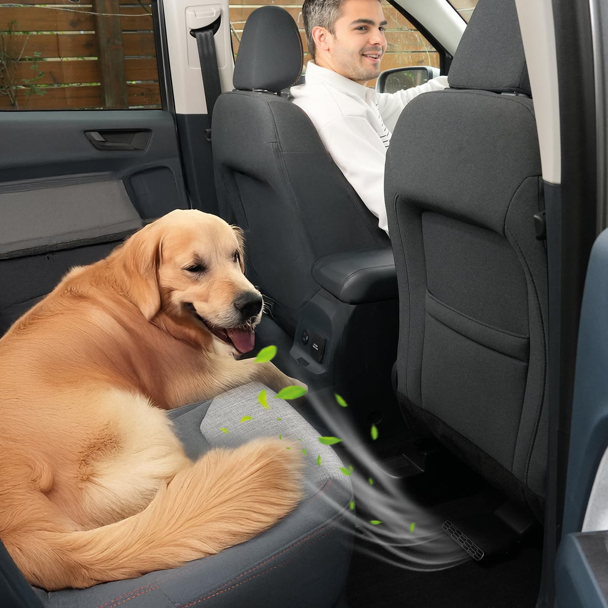 Mabett lifestyle shot with pet and passenger in rear showing better air distribution benefit