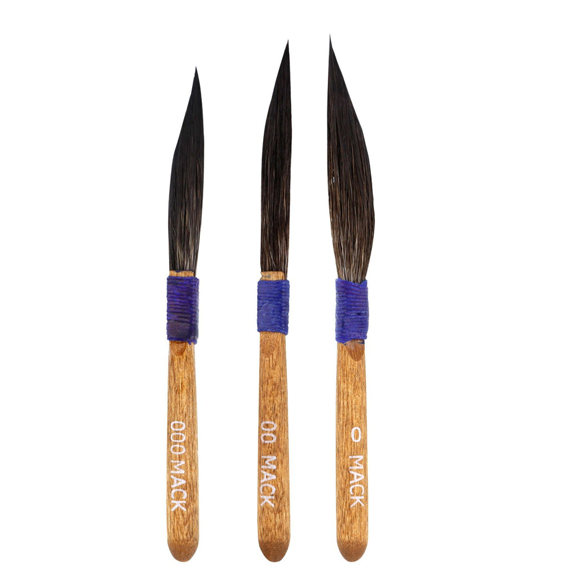 Mack Sword brush set front view showing sizes and craftsmanship benefit precise lines