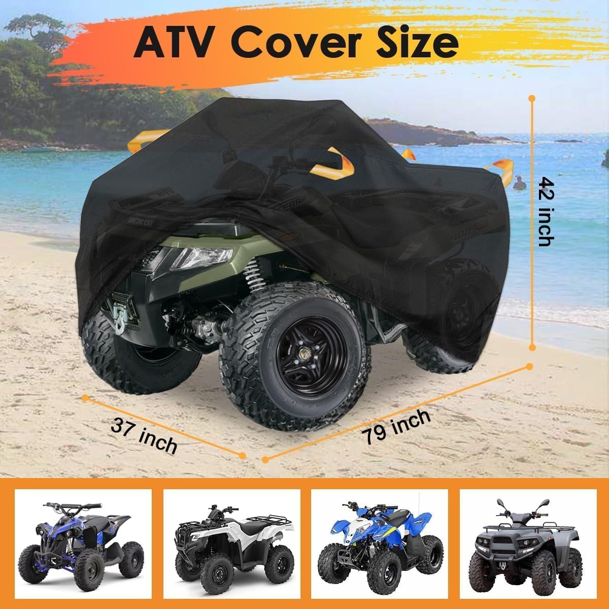Macosy cover fitted on ATV outdoors showing size and full protection