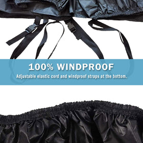 Macosy elastic hem and adjustable wind straps detail securing cover against gusts
