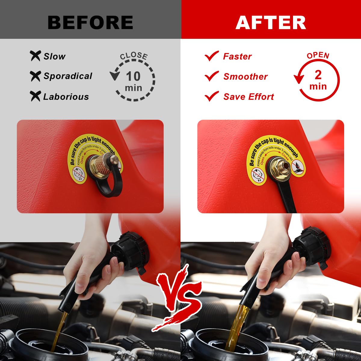 Magicfour vent cap installed on gas can for faster pouring