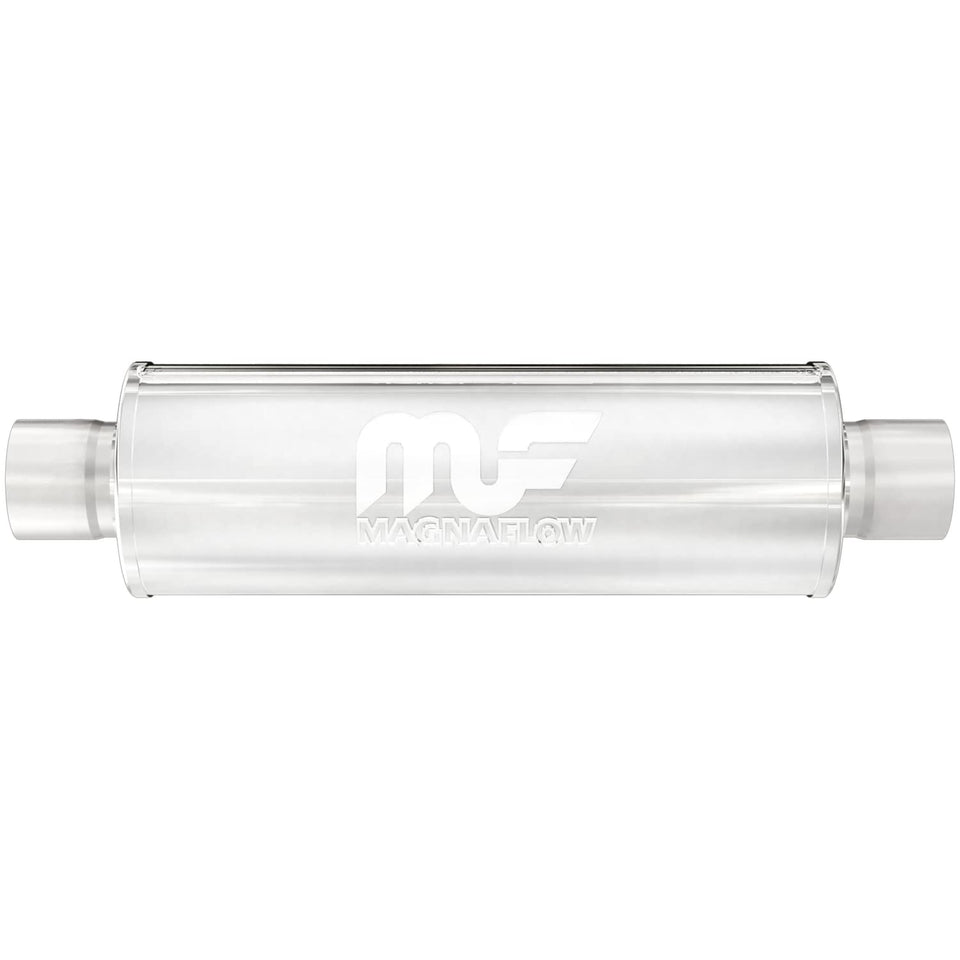 MagnaFlow 10415 front view stainless muffler showing satin finish and inlet outlet benefits