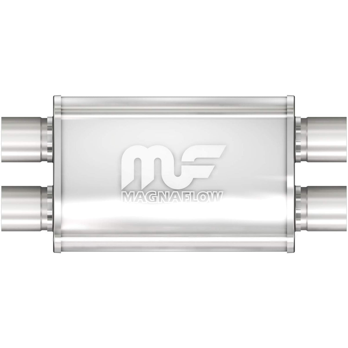 MagnaFlow 11386 front profile stainless muffler showing satin finish and improved flow benefit