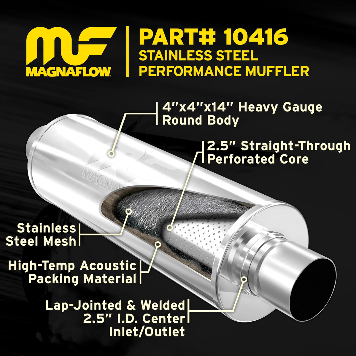 MagnaFlow muffler 10416 satin finish detail highlighting stainless construction and corrosion resistance