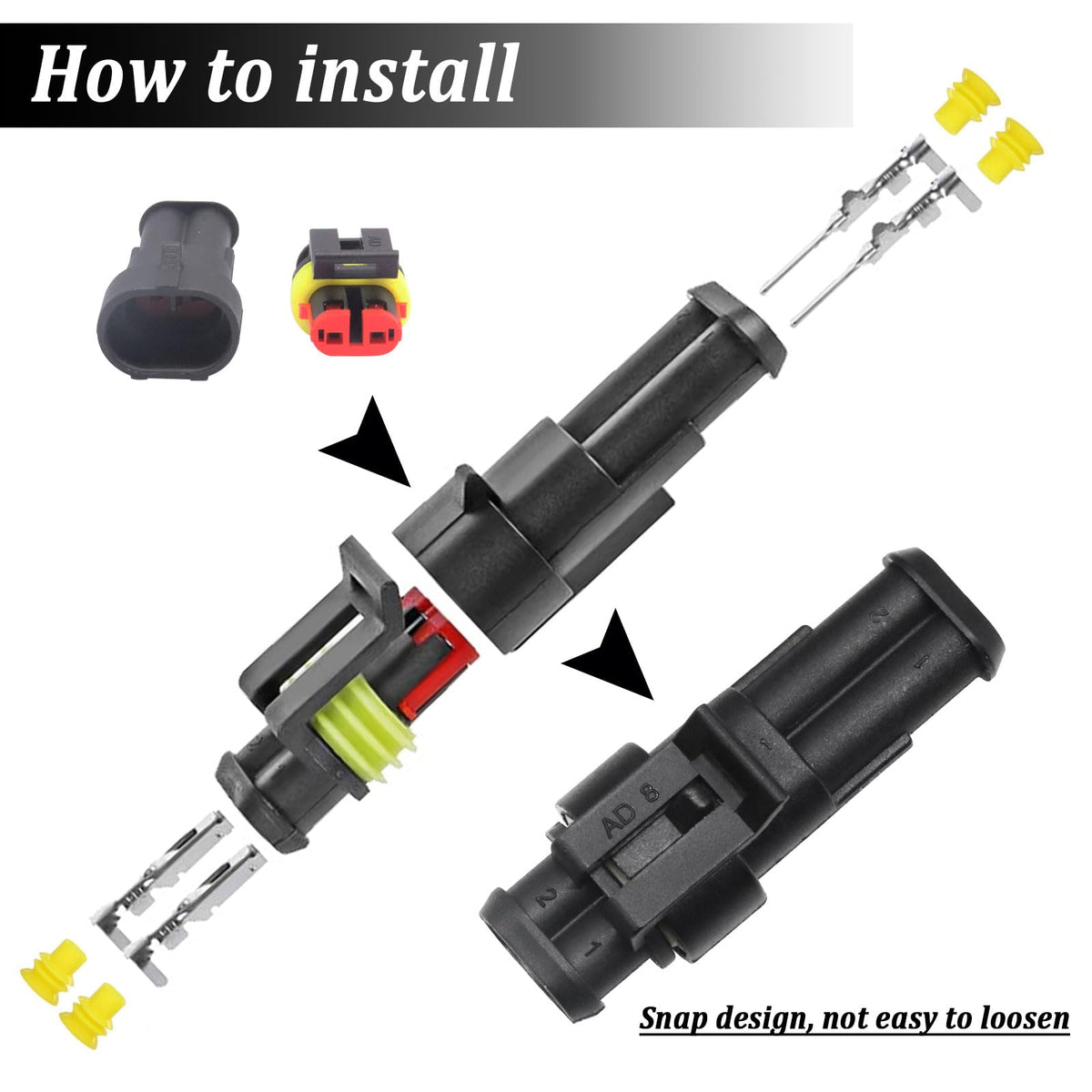 maierke assembled 3-pin connector installed on vehicle harness preventing water ingress