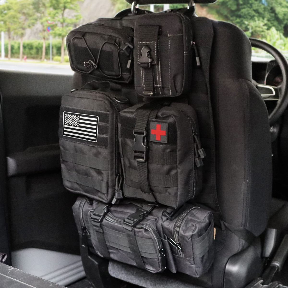 MAIKER OFF ROAD front view of seat back organizer shows organized storage benefit