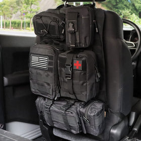 MAIKER OFF ROAD front view of seat back organizer shows organized storage benefit