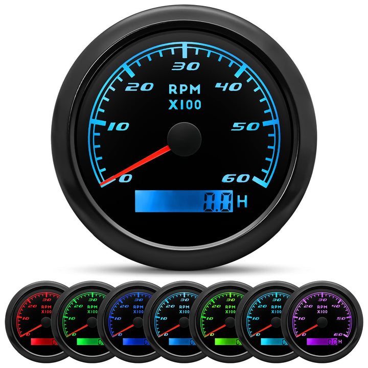 MAIMEIMI front face 85mm tachometer showing clear RPM dial and hour meter for reliable monitoring