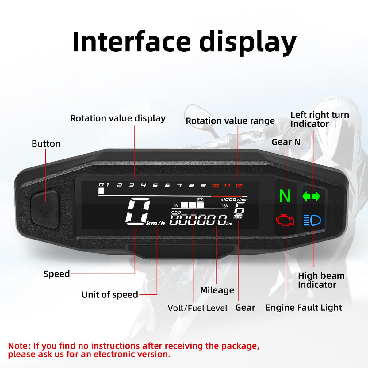 MAIMEIMI LCD closeup displaying speed RPM and gear readouts for quick rider checks