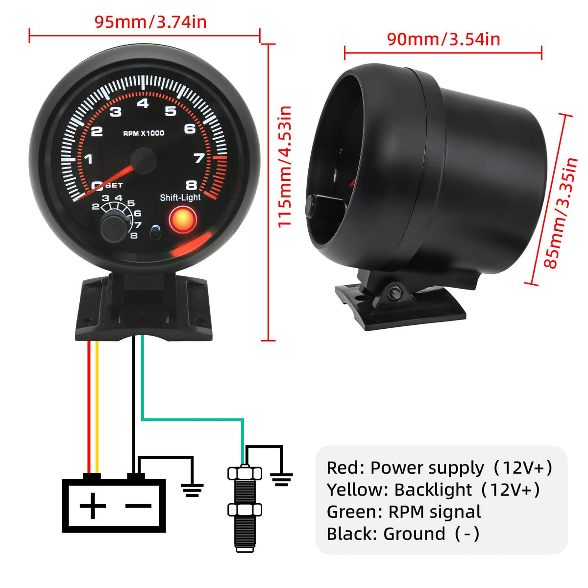 MAIMEIMI tachometer lit at night showing adjustable backlight improves low-light visibility