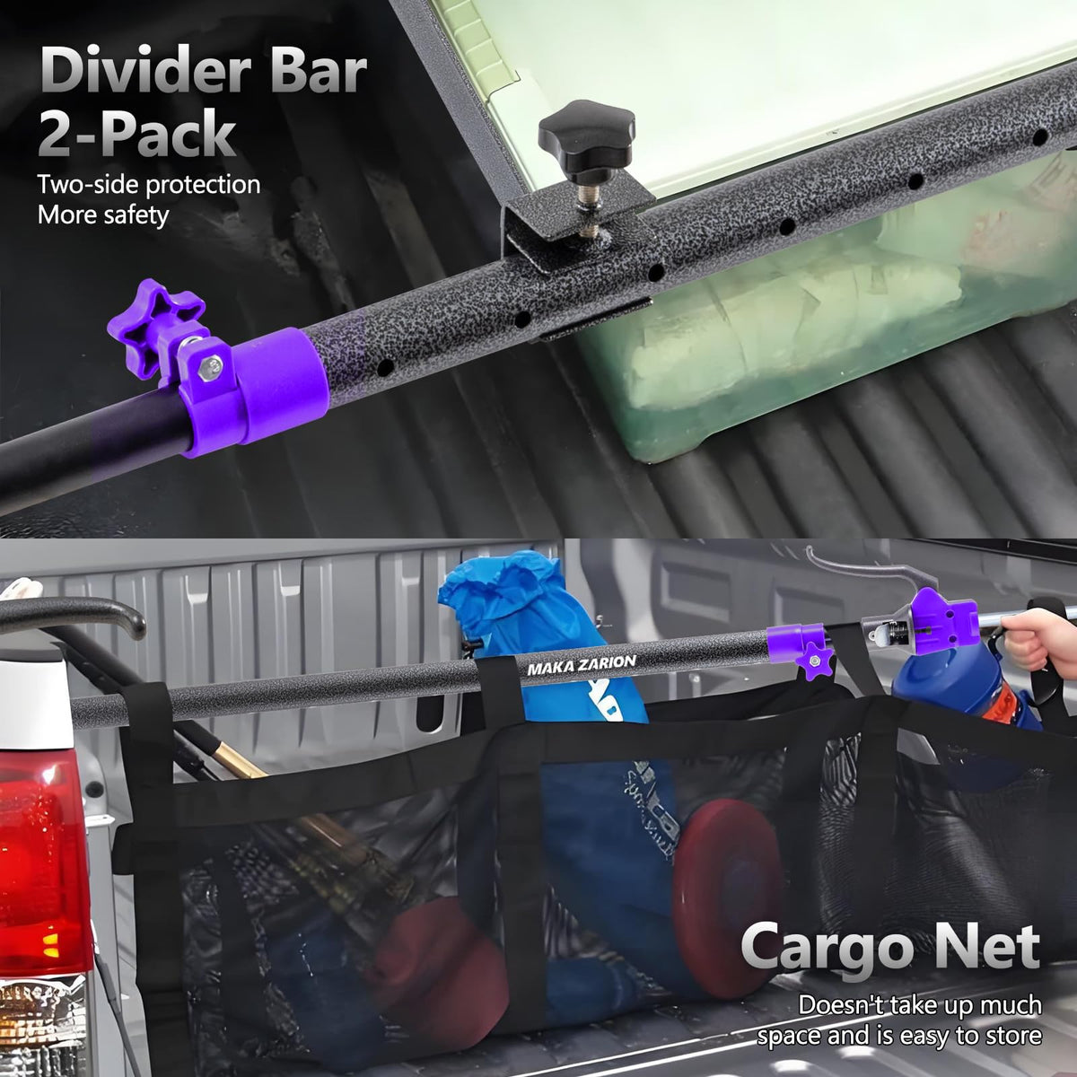 MAKA ZARION cargo net attached to bar demonstrating containment of loose items for safety