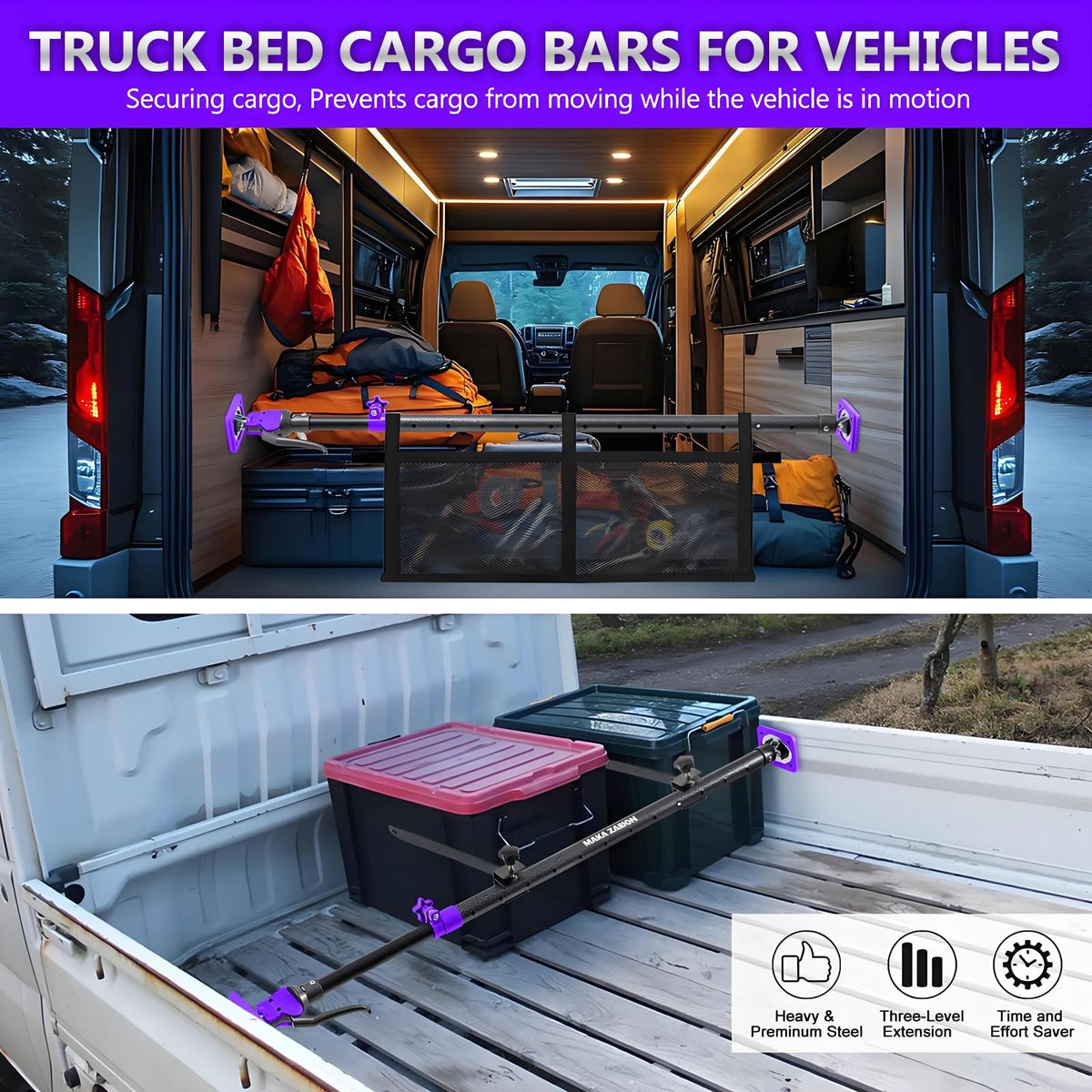 MAKA ZARION lifestyle scene in a van with camping gear organized benefiting easy access